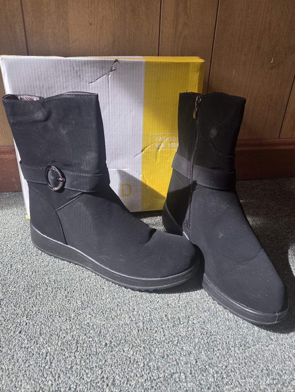 Women's Black Mid-Calf Zip Ankle Booties with Buckle Detail